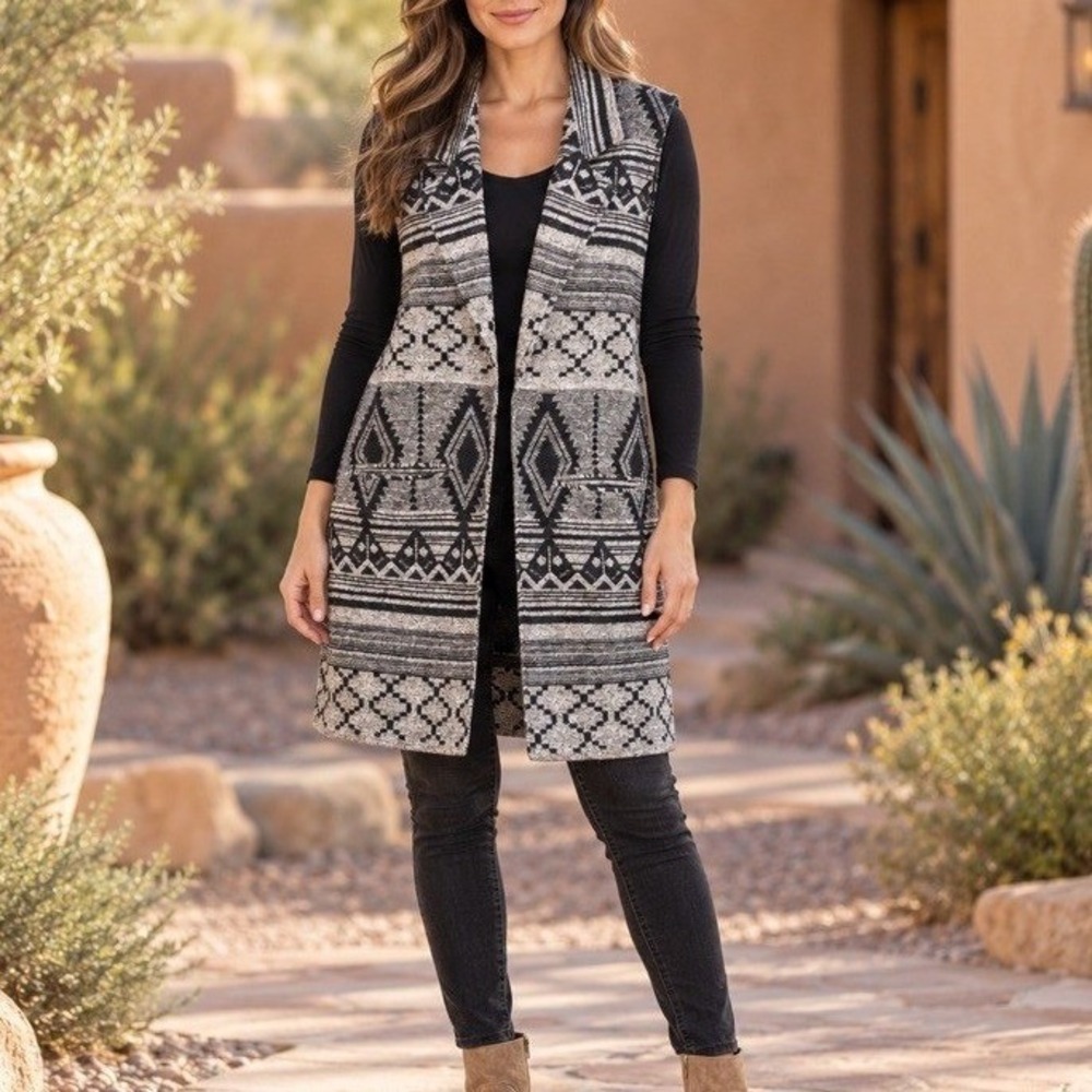 Artisan NY Womens XL Black Gray Geometric Southwestern Longline Knit Open Vest